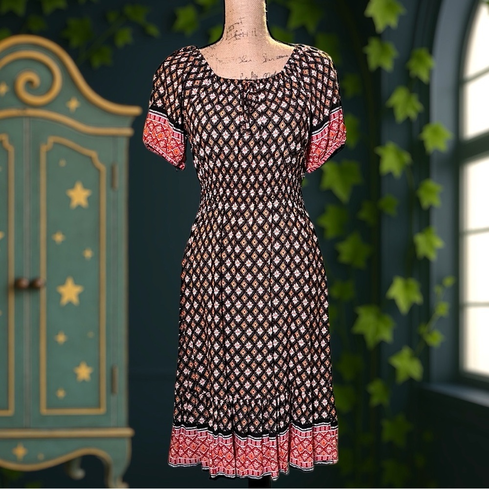 Dashing Chic Black & Orange Patterned Midi Dress M